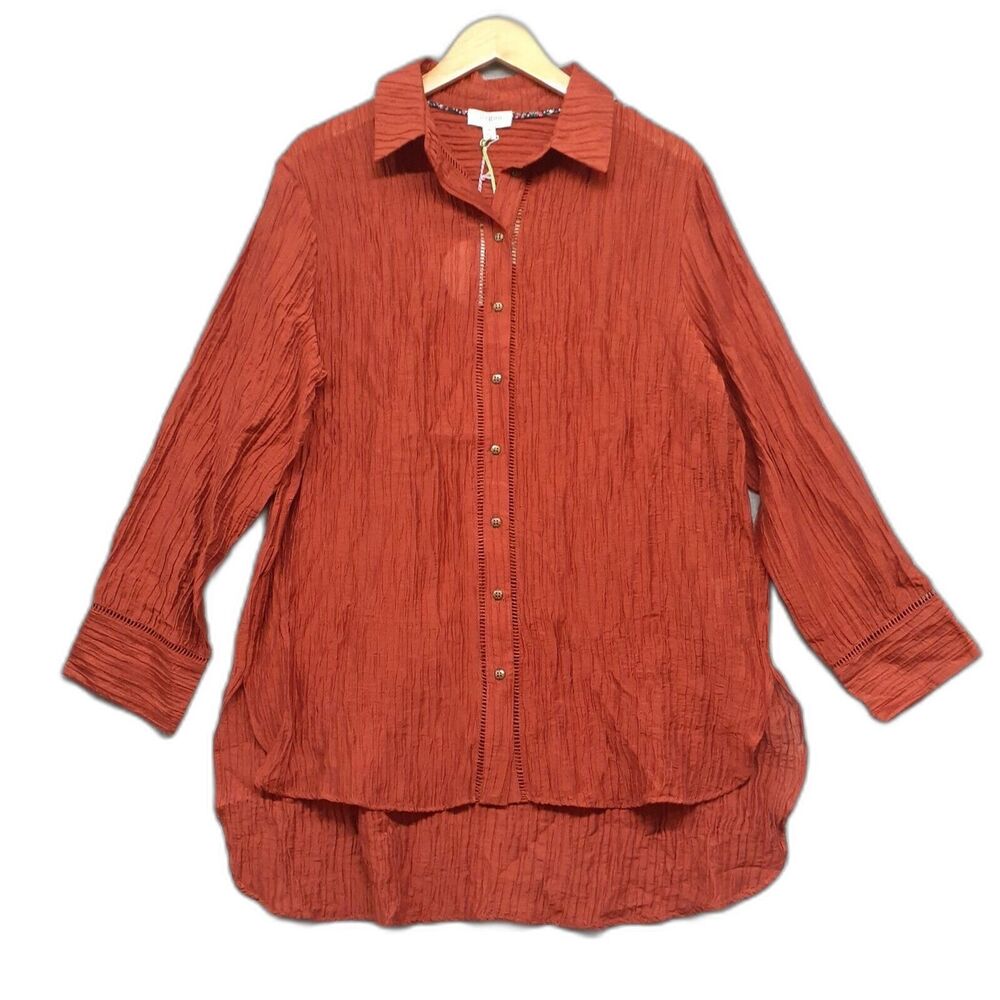 Umgee Womans Rust Orange Over Sized Tunic Long Sleeve Button Up Shirt Size M NWT